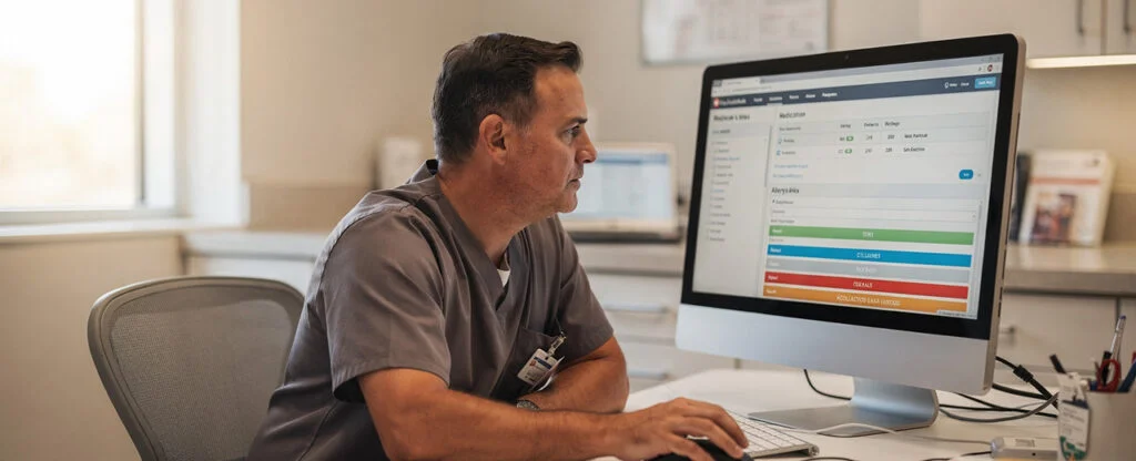 Clinician at a desk reviewing a patient's full electronic health record on a computer monitor, including medication list, lab results, and allergy alerts.